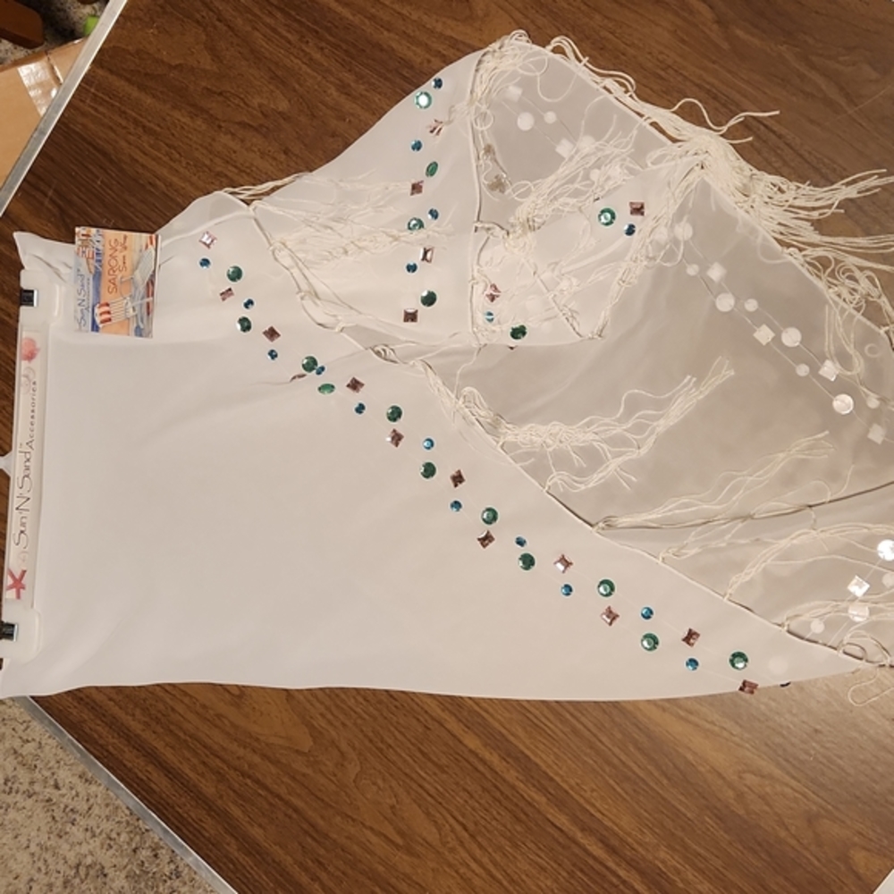 SARONG - SWIM BEACH WRAP w/GEMS- FRINGE - SHEAR **NEW**